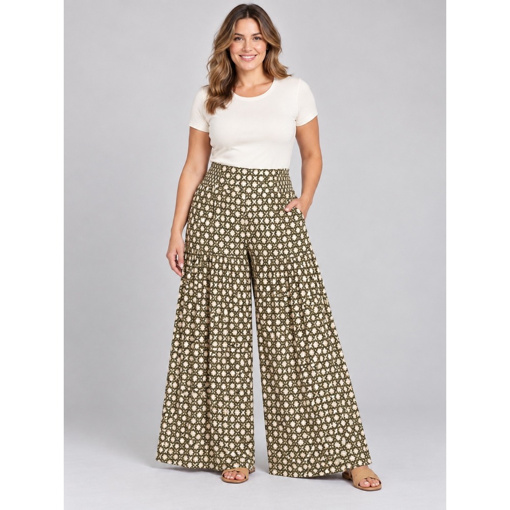 Cato Womwn Wide Leg Palazzo Pants Olive Green Geometric Print Smocked Waist